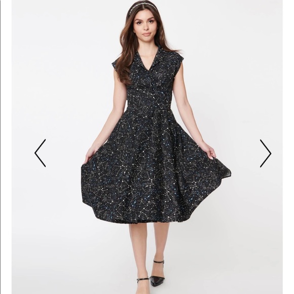 Unique Vintage Dresses & Skirts - Unique Vintage Magnolia Place Black & Galaxy Print Tamara Swing Dress